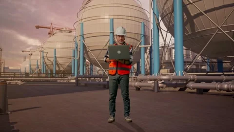 Engineer Working On A Laptop with Spherical Tank Stock Footage 335068090