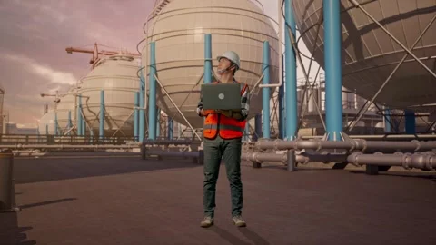 Engineer Working On A Laptop with Spherical Tank Stock Footage 335068103
