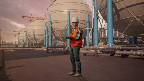Engineer Working On A Laptop with Spherical Tank Stock Footage 335068187