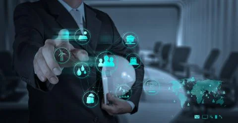 Engineer working with new computer interface show building development concep 스톡 일러스트