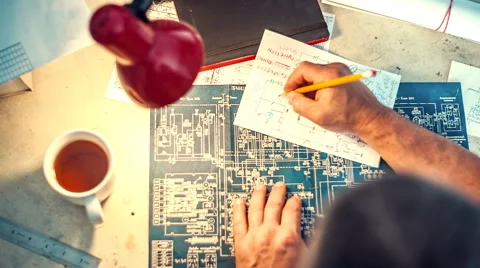 Engineer working with old schemes Stock Footage 64198111