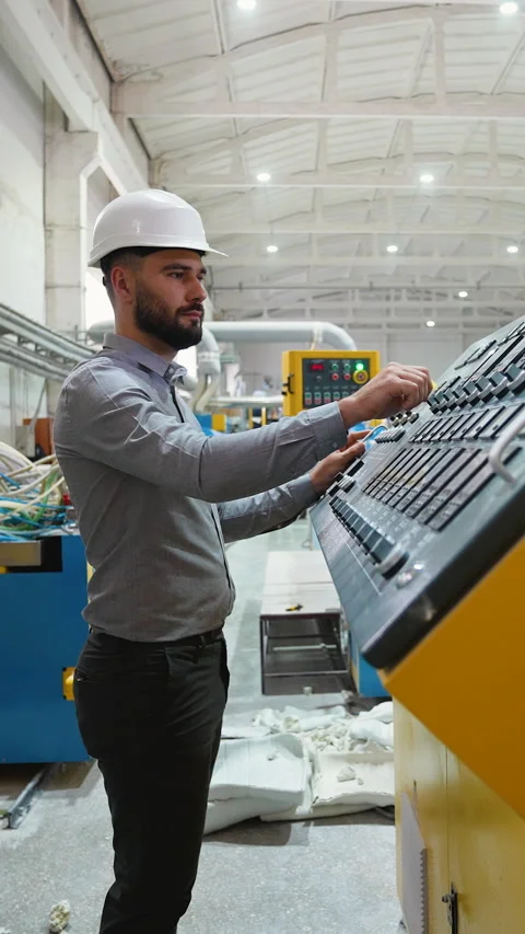 Engineer working at programmable CNC machine in factory industries Stock Footage 314584456