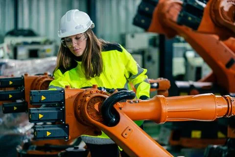 Engineer working on robotic arm in industrial facility during daytime with .. Stock Photos
