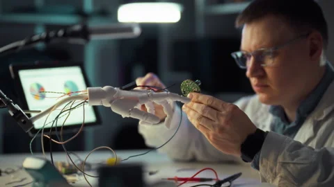 Engineer working on robotics circuit board design in modern lab setting Stock Footage 331304035