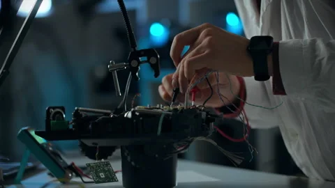 Engineer working on robotics project in a lab during evening hours Stock Footage 303662057