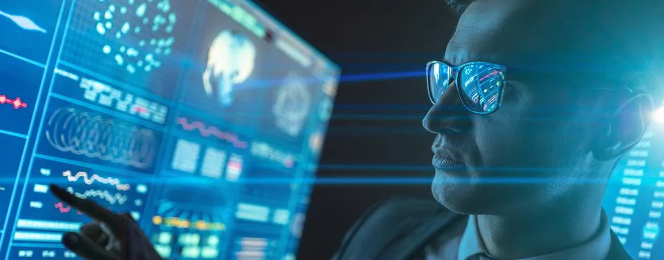 The engineer working on a sensor blue display Stock Photos