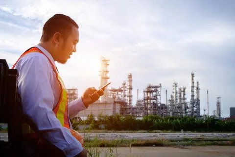 The engineer is working with smart phone with large industry background. Stock Photos