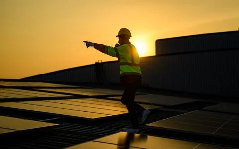 Engineer working at solar cell farm power plant with sunset in evening Stock Photos