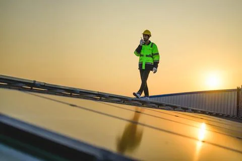 Engineer working at solar cell farm power plant with sunset in evening Stock Photos