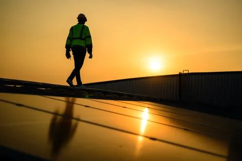 Engineer working at solar cell farm power plant with sunset in evening Stock Photos