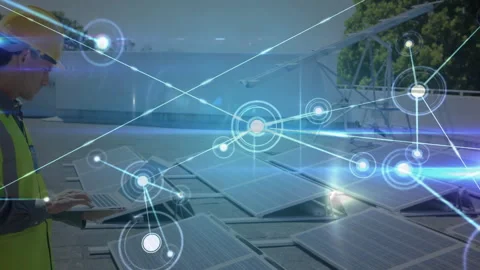 Engineer working with solar panels, network of connections and data processing Stock Footage 304020096