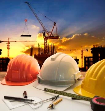 Engineer working table plan, home model and writing tool equipment against bu Stock Illustration