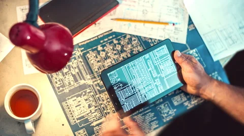 Engineer working with tablet and old schemes Stock Footage 64198102