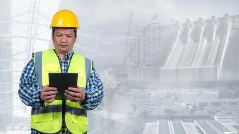 Engineer working with tablet with double exposure background of clean energ.. Stock Photos