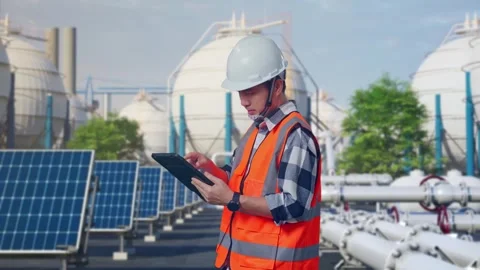 Engineer Working On A Tablet at Energy Complex Stock Footage 330180924