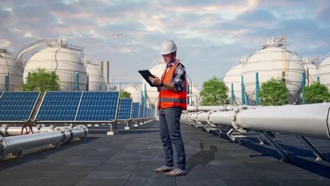 Engineer Working On A Tablet at Energy Complex Stock Footage 330184641