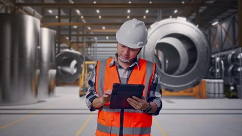 Engineer Working On A Tablet at Heavy Factory Stock Footage 340817109