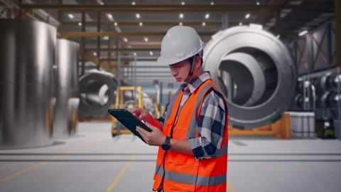 Engineer Working On A Tablet at Heavy Factory Stock Footage 340817863