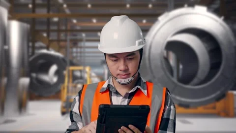 Engineer Working On A Tablet at Heavy Factory Stock Footage 340818425