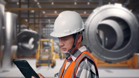 Engineer Working On A Tablet at Heavy Factory Stock Footage 340820654