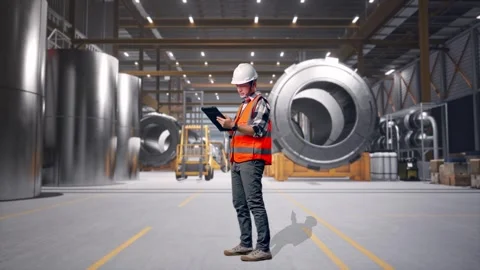 Engineer Working On A Tablet at Heavy Factory Stock Footage 340821739