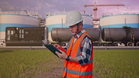 Engineer Working On A Tablet at Oil Refinery Stock Footage 340140479