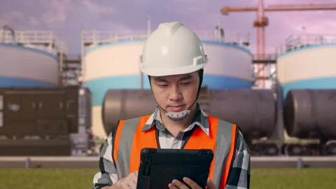 Engineer Working On A Tablet at Oil Refinery Stock Footage 340140725