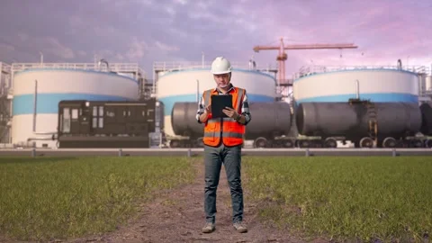Engineer Working On A Tablet at Oil Refinery Stock Footage 340142483