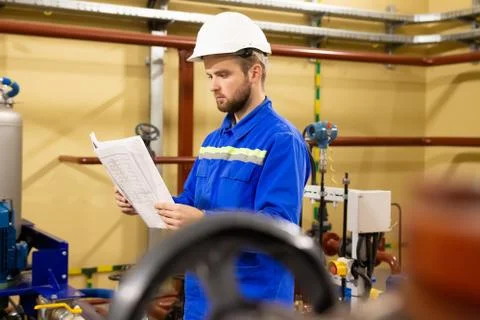 Engineer working with technical documentation during maintenance industrial e Stock Photos