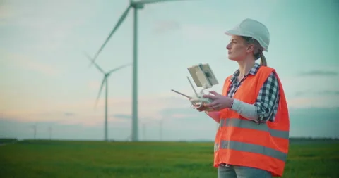 Engineer Working At Wind Farm Construction Aerial Inspection Stock Footage 241420415