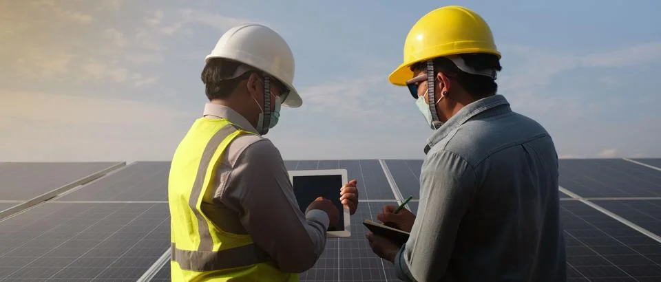 Engineer working with workers working as a team against the back Foto stock