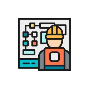 Engineer at workplace, electric management board flat color icon. Stock Illustration