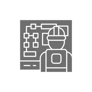 Engineer at workplace, electric management board grey icon. Stock Illustration