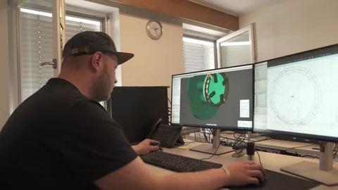 Engineer works on a 3D CAD model of a mechanical component at a dual monitor Stock Footage 331342045