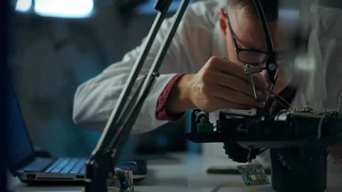 Engineer works on circuit board in modern laboratory during evening hours Stock Footage 301345031