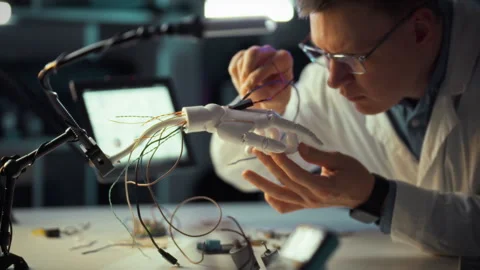 Engineer works on creating a robotic hand in a laboratory setting during an Stock Footage 331304087