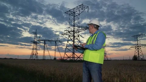 Engineer works on laptop and turns back to look at power transmission lines Stock Footage 256405477