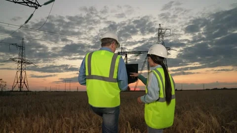 Engineer works on laptop walking with assistant to power transmission lines Stock Footage 270209717