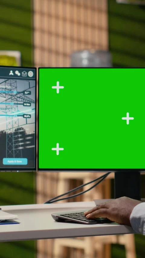 Engineer works on power line tower CAD design on isolated screen PC in office Stock Footage 315417073