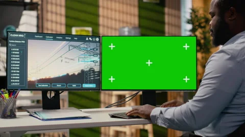 Engineer works on power line tower CAD design on isolated screen PC in office Stock Footage 315614801