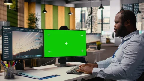 Engineer works on power line tower CAD design on isolated screen PC in office Stock Footage 316005458