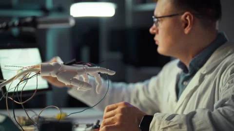 Engineer works on robotic hand prototype in the lab focusing on project desi Stock Footage 331304315
