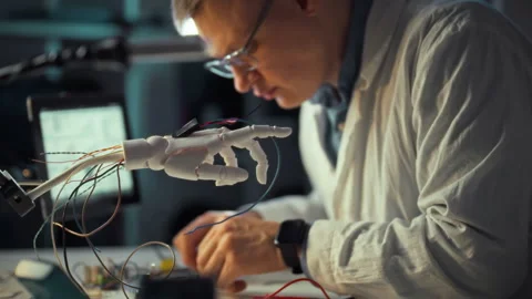 Engineer works on robotic hand at a technology lab during late evening hours Stock Footage 331304126