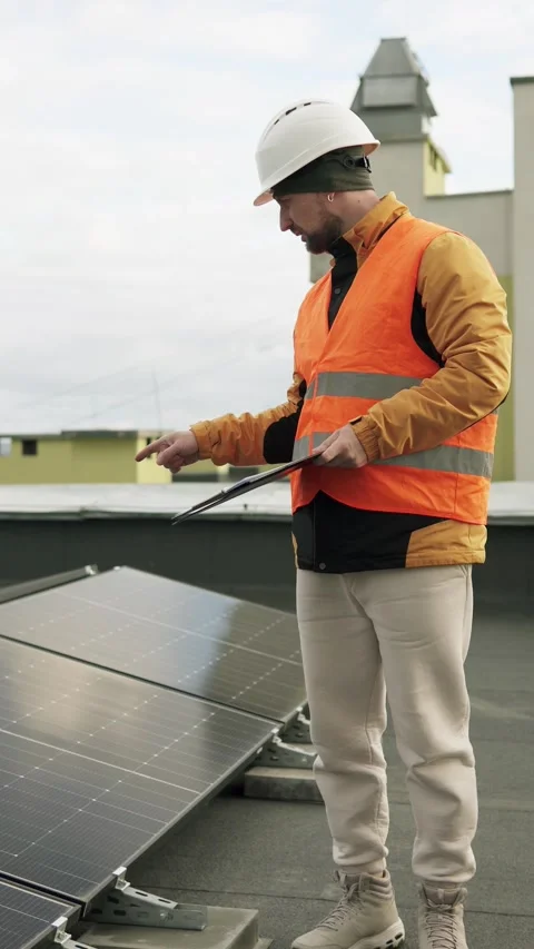 The engineer writes down on his tablet how many solar panels are installed. Vídeos de archivo 321411521
