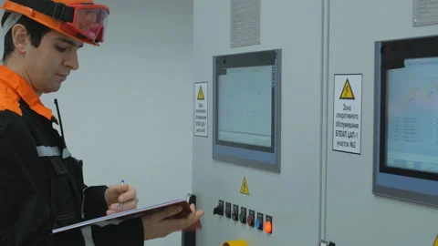 The engineer writes the readings of the equipment Stock Footage 85860268