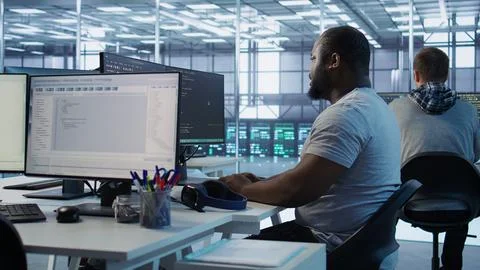 Engineer writing code and doing checkup on server room Foto stock