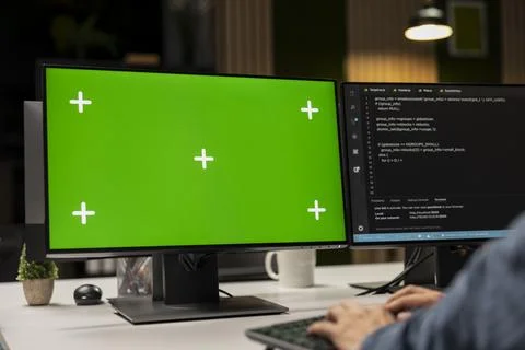 Engineer writing code on green screen PC 스톡 사진