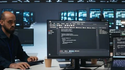 Engineer writing code in high tech facility with server rows Stock Photos