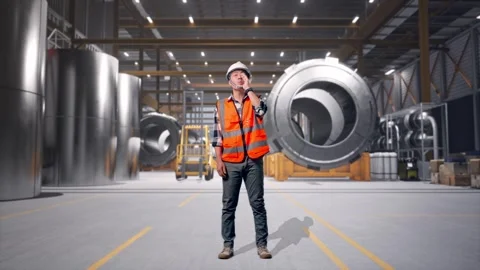 Engineer Yelling With Hand Over Mouth at Heavy Factory Video stock 340821282
