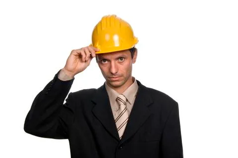 Engineer with yellow hat, isolated on white Stock Photos